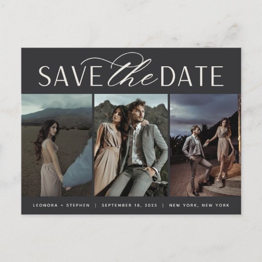 Vloeiend script | Drie foto's die de datum opslaan Aankondigingskaart (Voorkant)