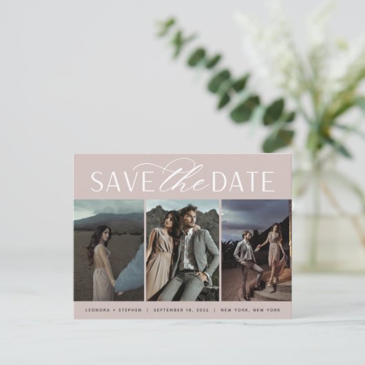 Vloeiend script | Drie foto's die de datum opslaan Aankondigingskaart (Staand voorkant)