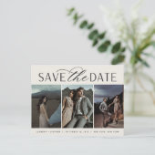 Vloeiend script | Drie foto's die de datum opslaan Aankondigingskaart (Staand voorkant)