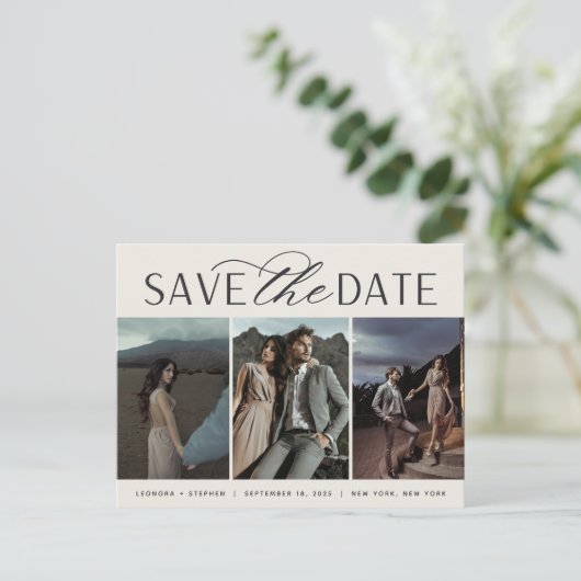 Vloeiend script | Drie foto's die de datum opslaan Aankondigingskaart (Staand voorkant)