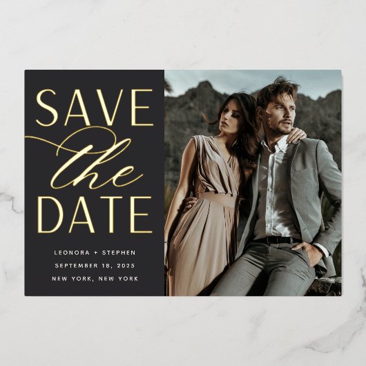 Vloeiend script | Enige Foto slaat de datum op Folie Uitnodiging (Voorkant)