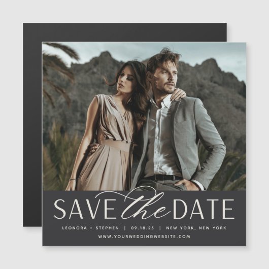 Vloeiend script | Foto Save the Date Magnet (Voorkant / Achterkant)