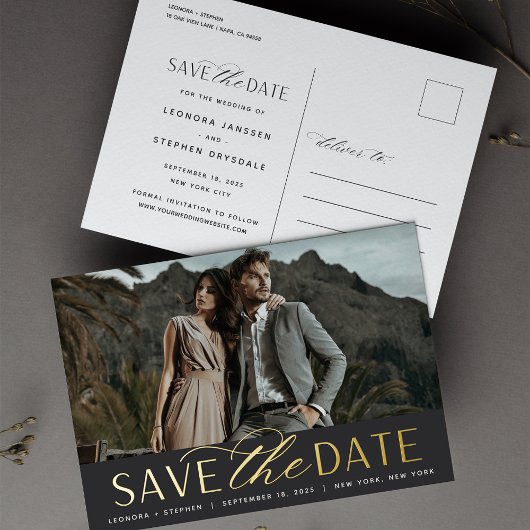 Vloeiend script | Foto Wedding Save the Date Folie Uitnodiging Briefkaart