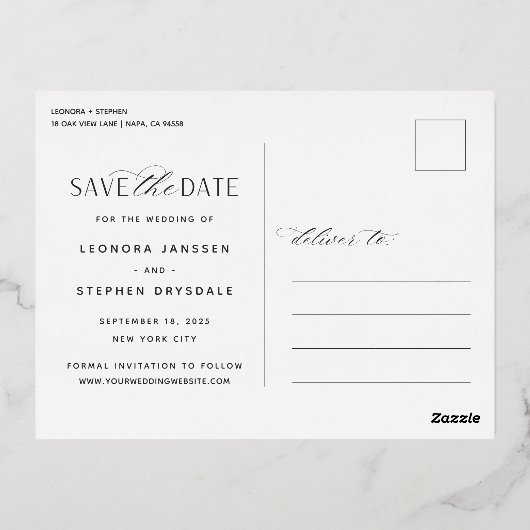 Vloeiend script | Foto Wedding Save the Date Folie Uitnodiging Briefkaart (Achterkant)