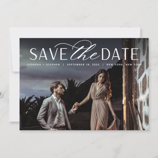 Vloeiend script | Horizontaal fotohuwelijk Save The Date (Voorkant)