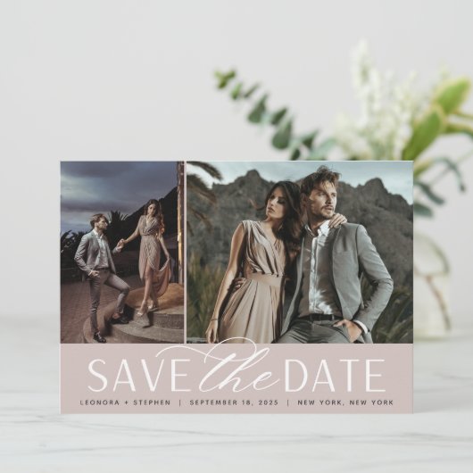 Vloeiend script | Twee foto-bruiloft Save The Date (Staand voorkant)