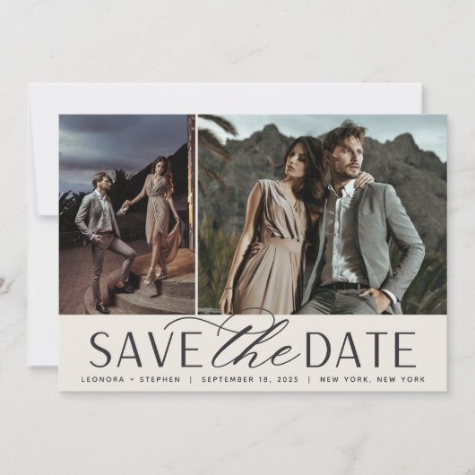 Vloeiend script | Twee foto-bruiloft Save The Date (Voorkant)
