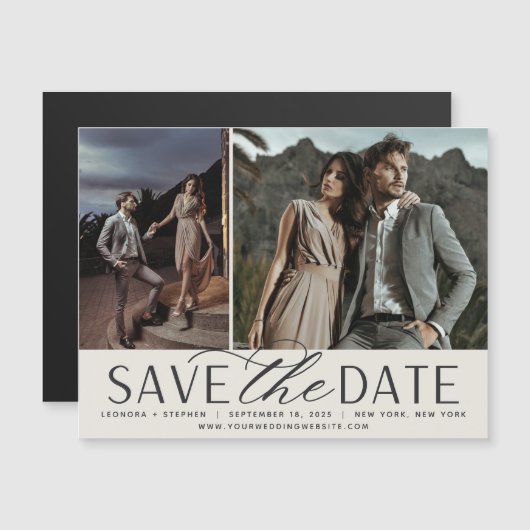 Vloeiend script | Twee Foto sparen de Magnet Datum (Voorkant / Achterkant)