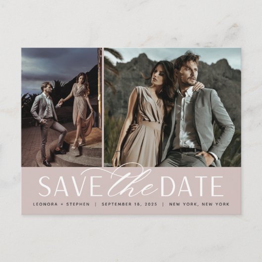 Vloeiend script | Twee foto's die de datum opslaan Aankondigingskaart (Voorkant)