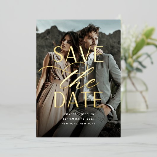 Vloeiend script | Verticale foto slaat de datum op Folie Uitnodiging (Staand Voorkant)