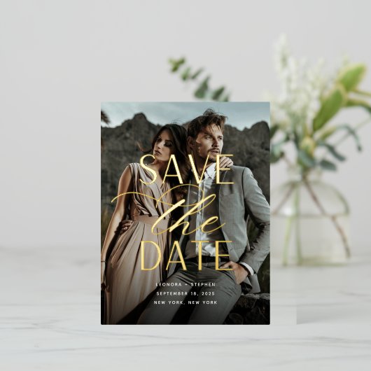 Vloeiend script | Verticale foto slaat de datum op Folie Uitnodiging Briefkaart (Staand Voorkant)