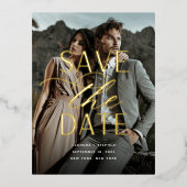 Vloeiend script | Verticale foto slaat de datum op Folie Uitnodiging Briefkaart (Voorkant)