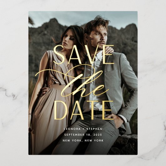 Vloeiend script | Verticale foto slaat de datum op Folie Uitnodiging Briefkaart (Voorkant)