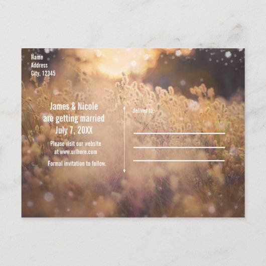 Vloeiend veld Rustisch land bruiloft bespaart datu Aankondigingskaart (Achterkant)
