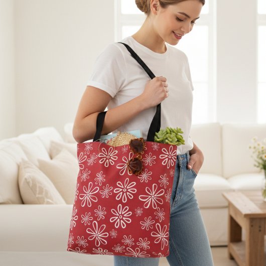 Vloeiend vermogen Rood en Witte Retro Floral Tote Bag