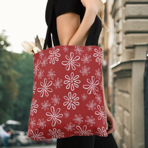 Vloeiend vermogen Rood en Witte Retro Floral Tote Bag
