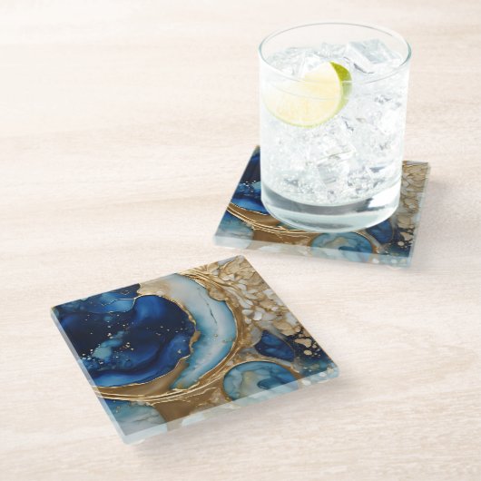 Vloeiende abstracte goud-navy strand glazen onderzetter (Schuin)