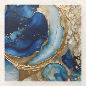Vloeiende abstracte goud-navy strand glazen onderzetter (Voorkant)