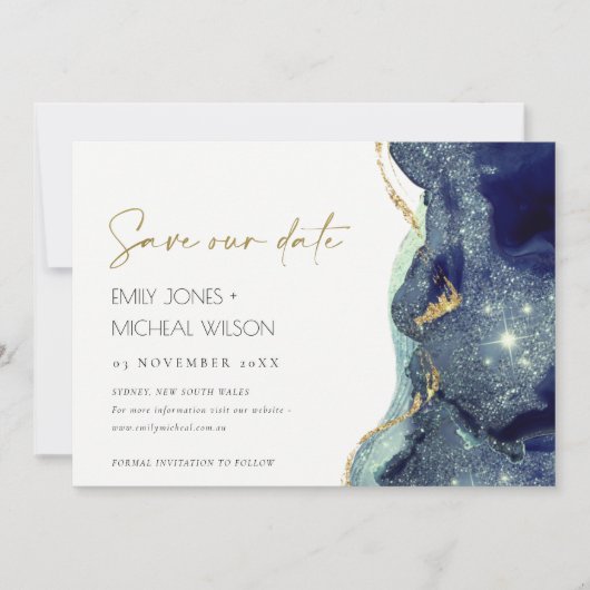 Vloeiende Abstracte marine Glitter sparen de Datum Bedankkaart (Voorkant)
