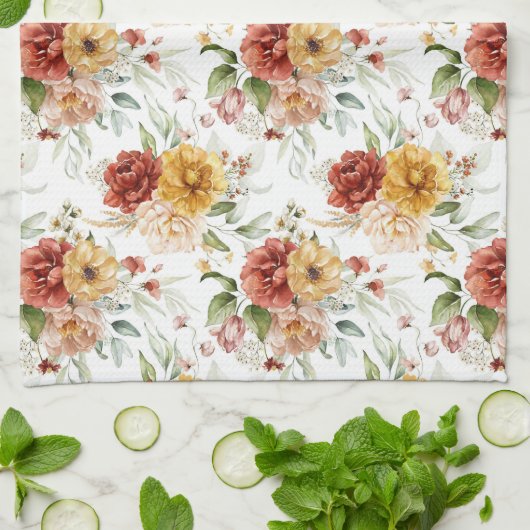  Vloeiende Bouquets in Rust en Gold Floral Theedoek (Gevouwen)