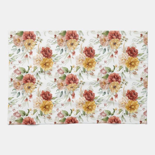  Vloeiende Bouquets in Rust en Gold Floral Theedoek (Horizontaal)