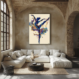 Vloeiende inkt ballerina – Blauwe en gouden abstra Poster