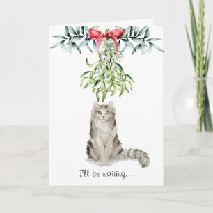 Vloeiende kat onder de Mistletoe-kerstKaart Kaart