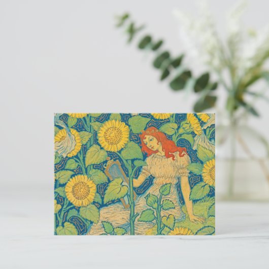 Vloeiende kindervrouw in zonnebloempitten briefkaart (Staand voorkant)