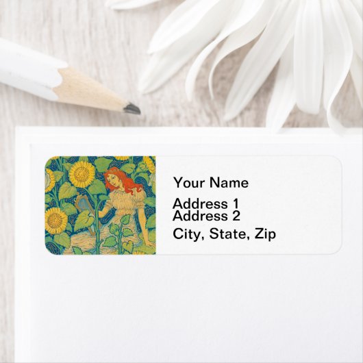 Vloeiende kindervrouw in zonnebloempitten etiket (Insitu)