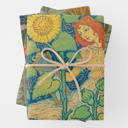 Vloeiende kindervrouw in zonnebloempitten inpakpapier vel (In situ)