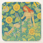 Vloeiende kindervrouw in zonnebloempitten kartonnen onderzetters (Voorkant)