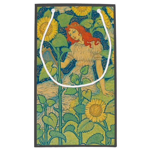 Vloeiende kindervrouw in zonnebloempitten klein cadeauzakje (Achterkant)