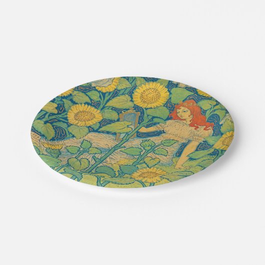 Vloeiende kindervrouw in zonnebloempitten papieren bordje (Gekanteld)