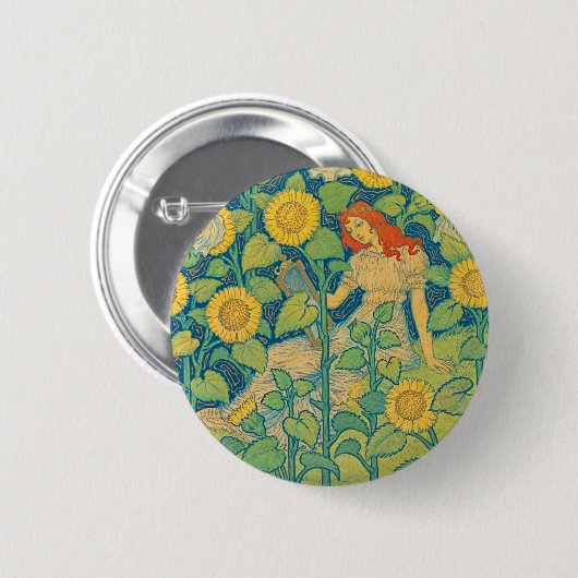 Vloeiende kindervrouw in zonnebloempitten ronde button 5,7 cm (Voorkant /achterkant)
