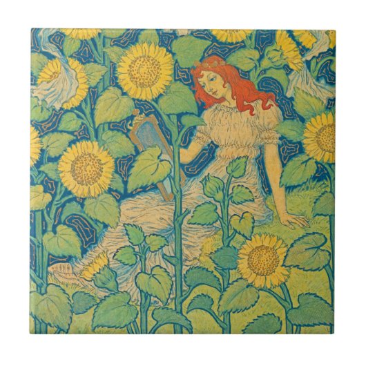 Vloeiende kindervrouw in zonnebloempitten tegeltje (Voorkant)