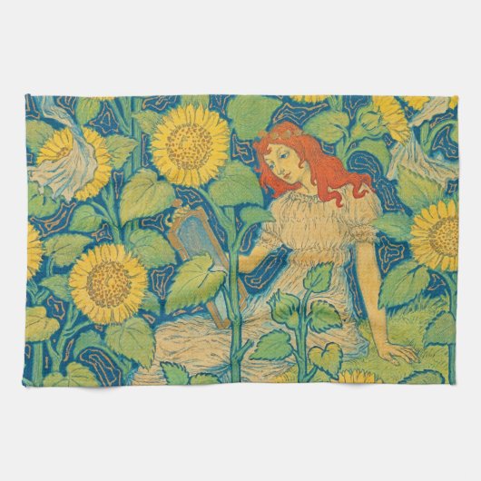 Vloeiende kindervrouw in zonnebloempitten theedoek (Horizontaal)