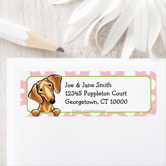 Vloeiende rode dachshund roze pooldots etiket (Insitu)