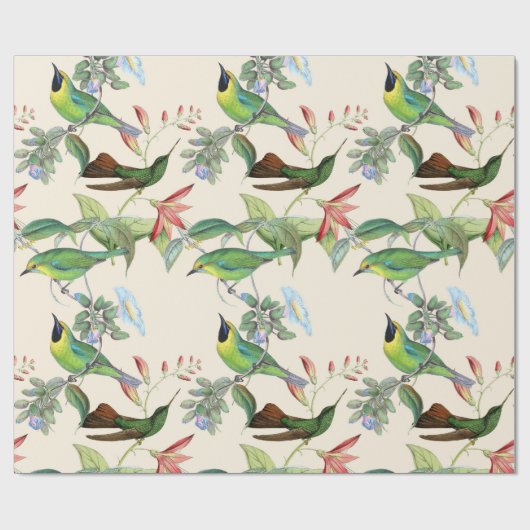 Vloeiende vogels en bloemen op lichtkrem cadeaupapier (Vlak)