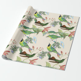 Vloeiende vogels en bloemen op lichtkrem cadeaupapier