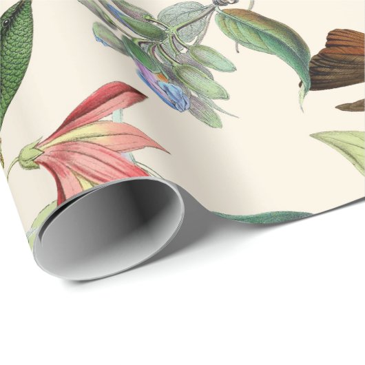 Vloeiende vogels en bloemen op lichtkrem cadeaupapier (Rol Hoek)