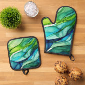 Vloeiende vormen in groen en blauw ovenwant & pannenlap set (Top down)