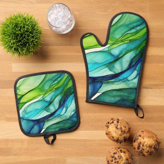 Vloeiende vormen in groen en blauw ovenwant & pannenlap set (Top down)