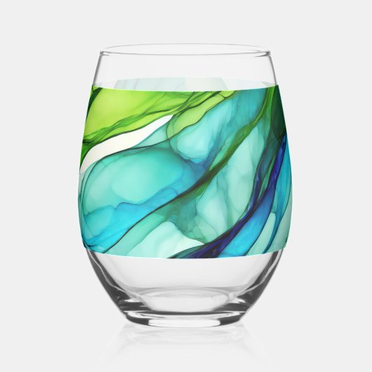 Vloeiende vormen in groen en blauw wijnglas zonder voet (Links)