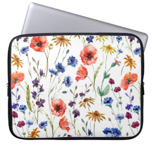 Vloeiende wilde bloemen, waterverf, papaver, koren laptop sleeve