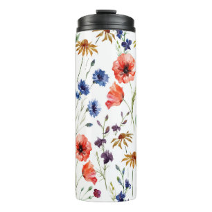 Vloeiende wilde bloemen, waterverf, papaver, koren thermosbeker