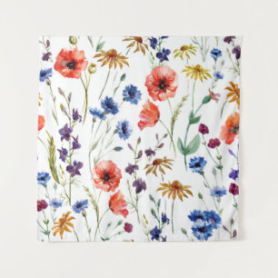 Vloeiende wilde bloemen, waterverf, papaver, koren wandkleed