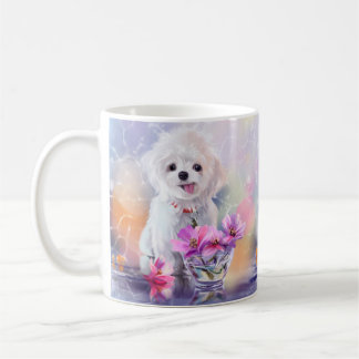 Vloeiende witte bichonpup en bloemen in een vaas koffiemok