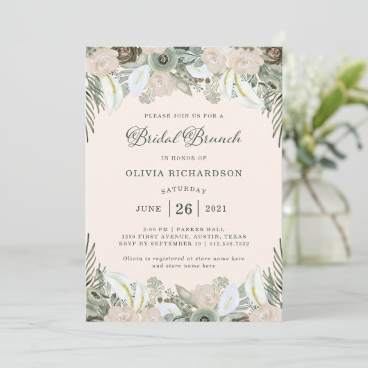 Vloeiing en Floral | Blush Pink Bridal Brunch Kaart (Staand voorkant)