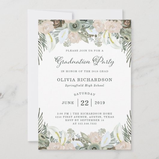 Vloeiing en Floral | Sage Green Graduation Party Kaart (Voorkant)