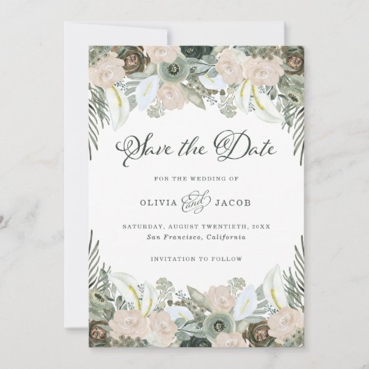 Vloeiing en Floral | Sage Green Wedding Save The Date (Voorkant)